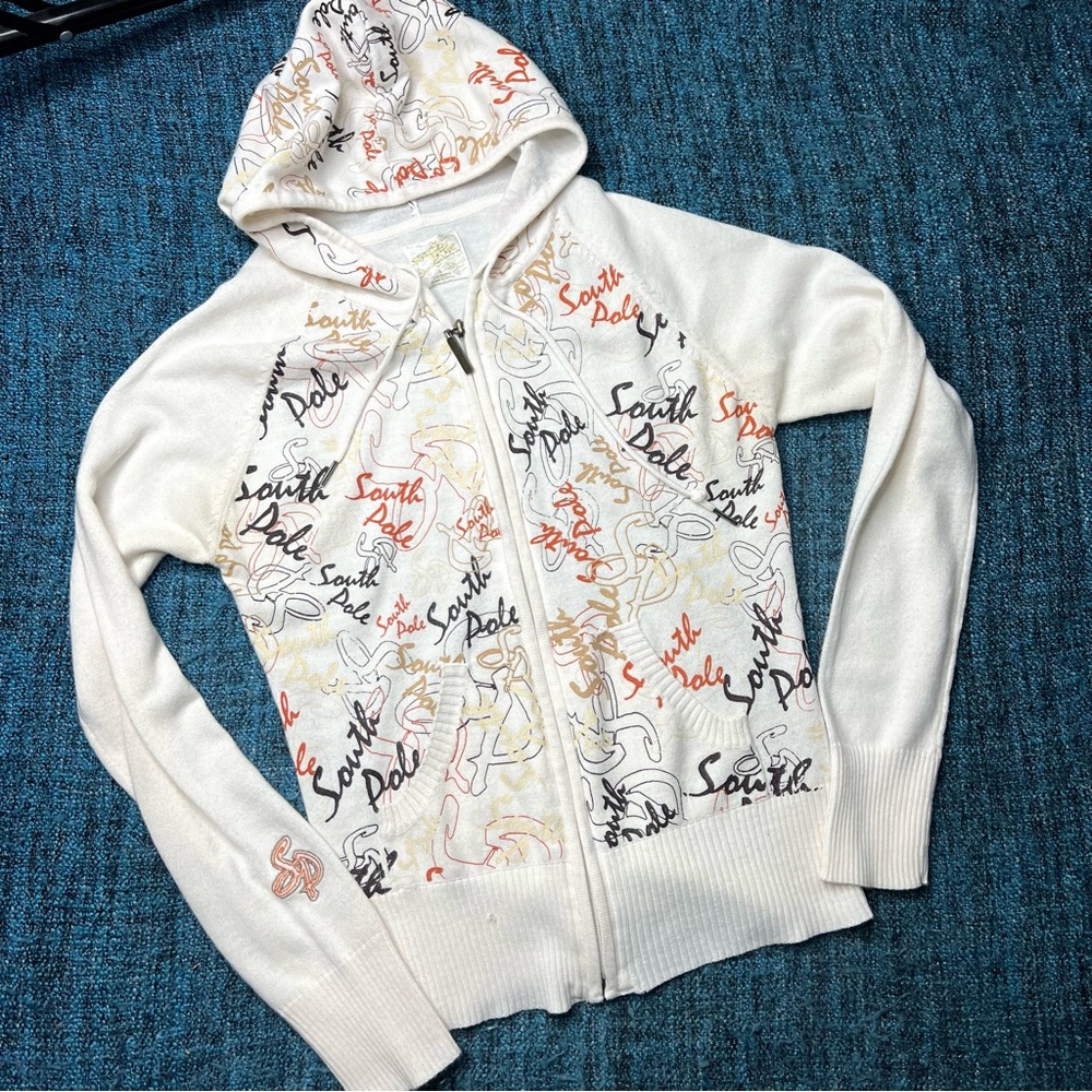 Vintage Y2K South Pole Allover Logo Print Zip Up Knit Jacket in Cream Orange